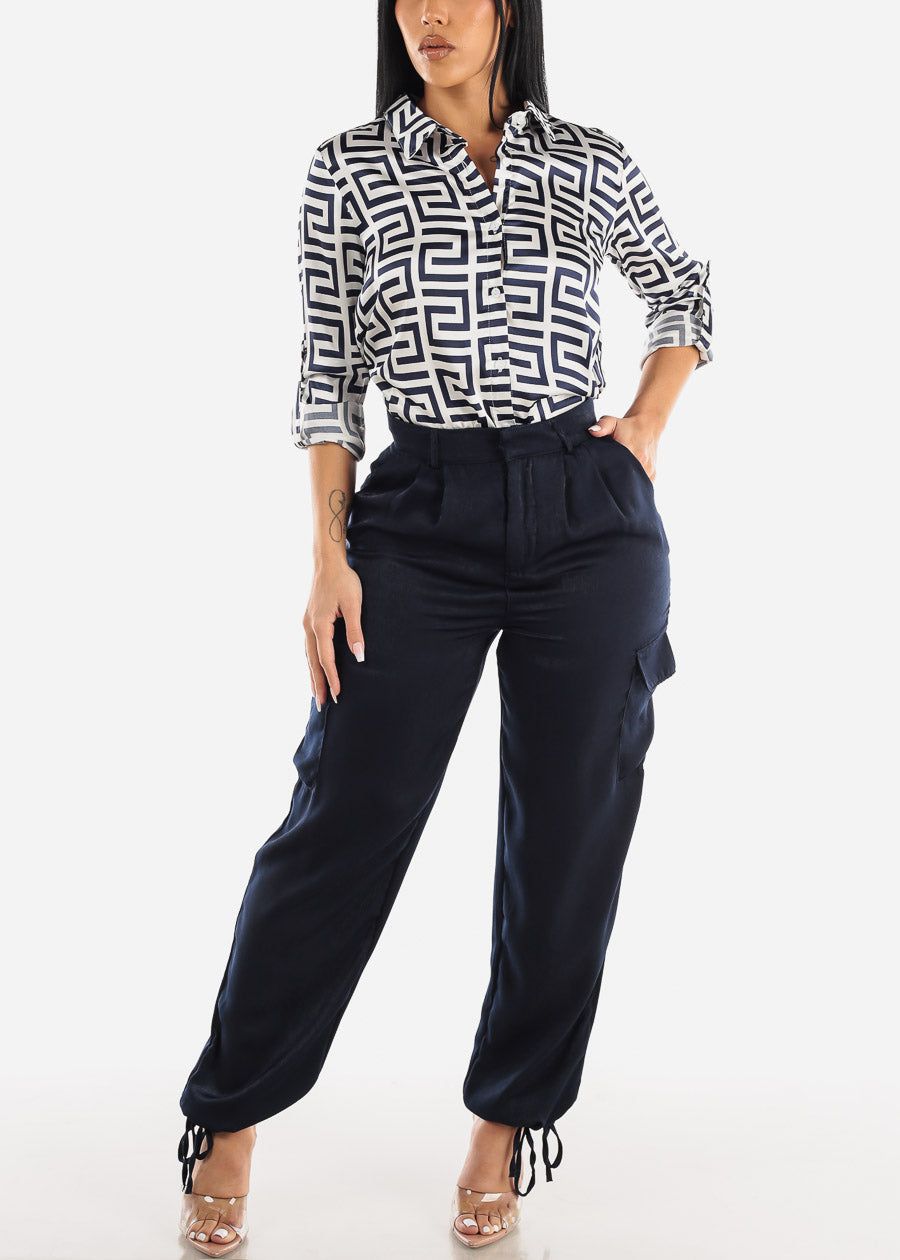 Silky Navy High Waist Drawstring Hem Cargo Pants sold by Moda product image thumbnail 2