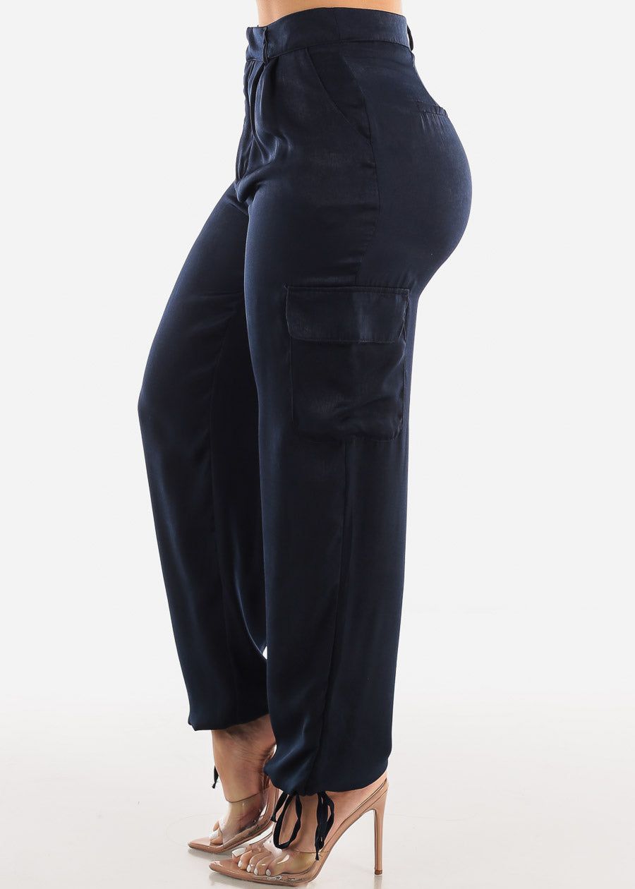 Silky Navy High Waist Drawstring Hem Cargo Pants sold by Moda product image thumbnail 3