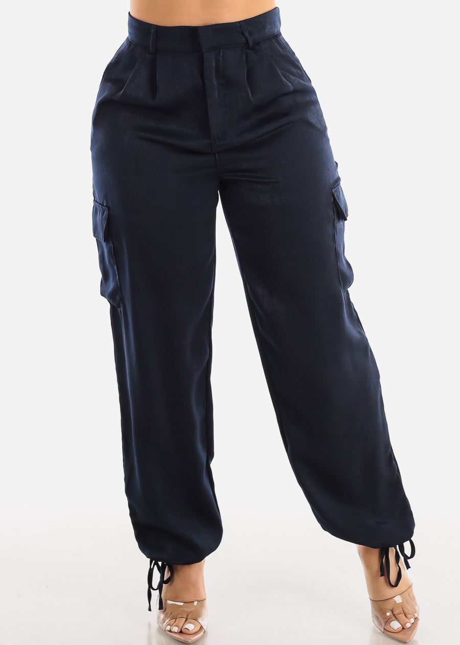 Silky Navy High Waist Drawstring Hem Cargo Pants sold by Moda