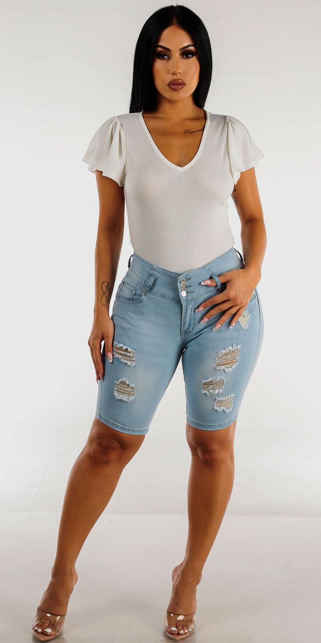 Ripped Levantacola Light Denim Bermuda Shorts with White Short Sleeve Vneck Top sold by Moda