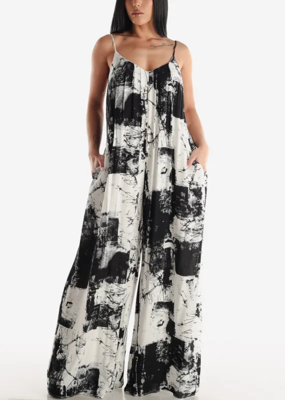 Sleeveless Wide Legged Printed Jumpsuit B&W sold by Moda