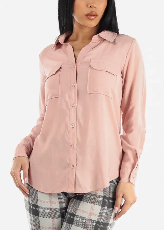 Button Down Long Sleeve Pink Shirt w Pockets sold by Moda