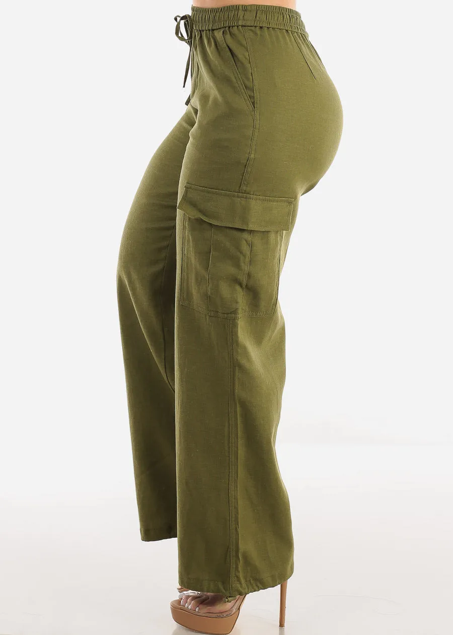 Olive Linen High Waist Cargo Pants Drawstring Hem sold by Moda product image thumbnail 3