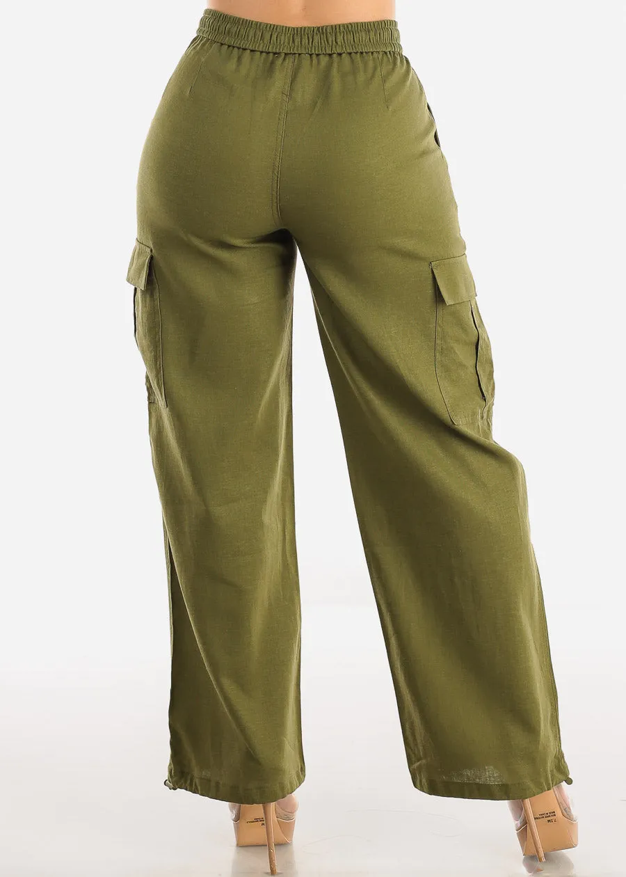 Olive Linen High Waist Cargo Pants Drawstring Hem sold by Moda product image thumbnail 4