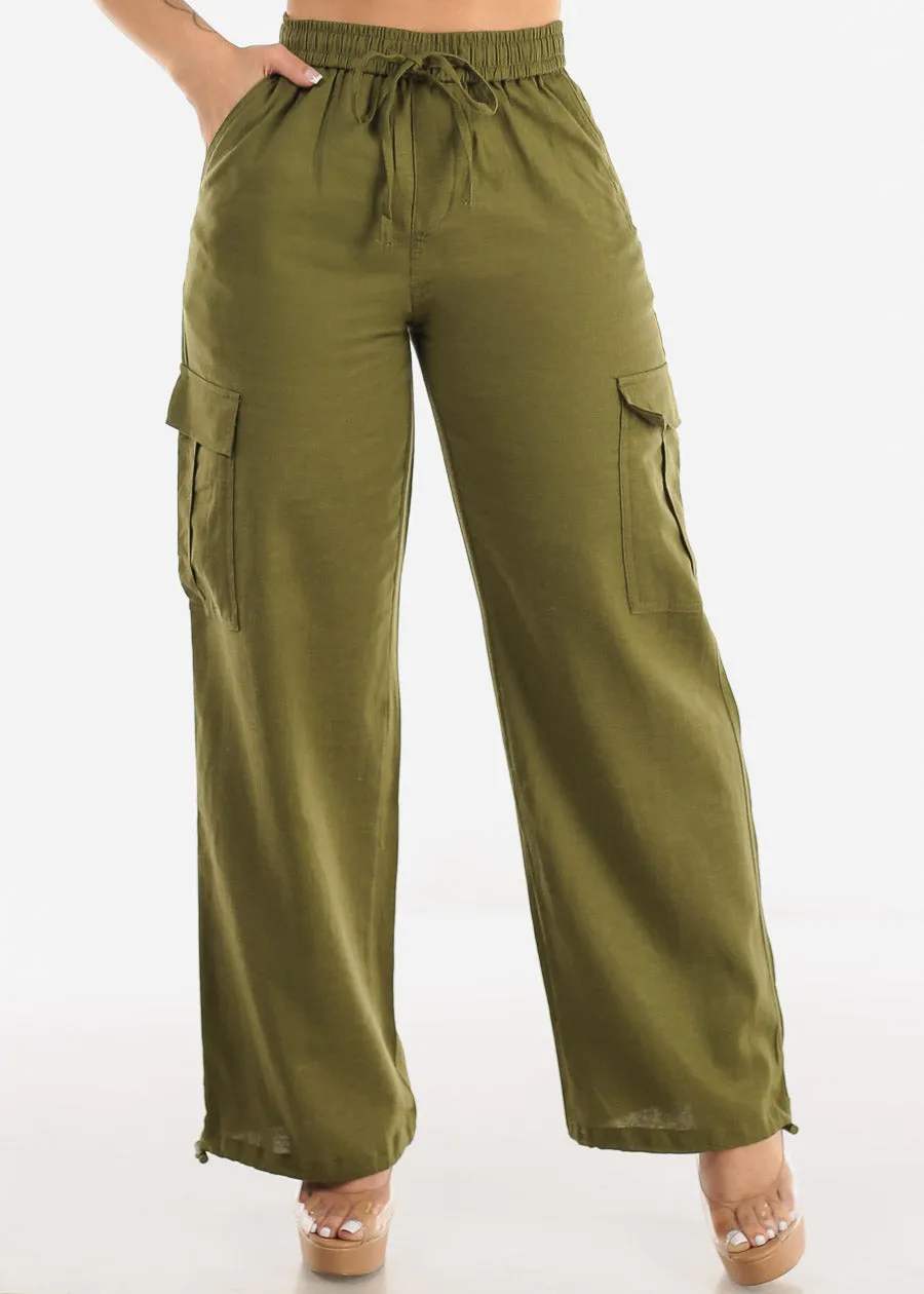 Olive Linen High Waist Cargo Pants Drawstring Hem sold by Moda