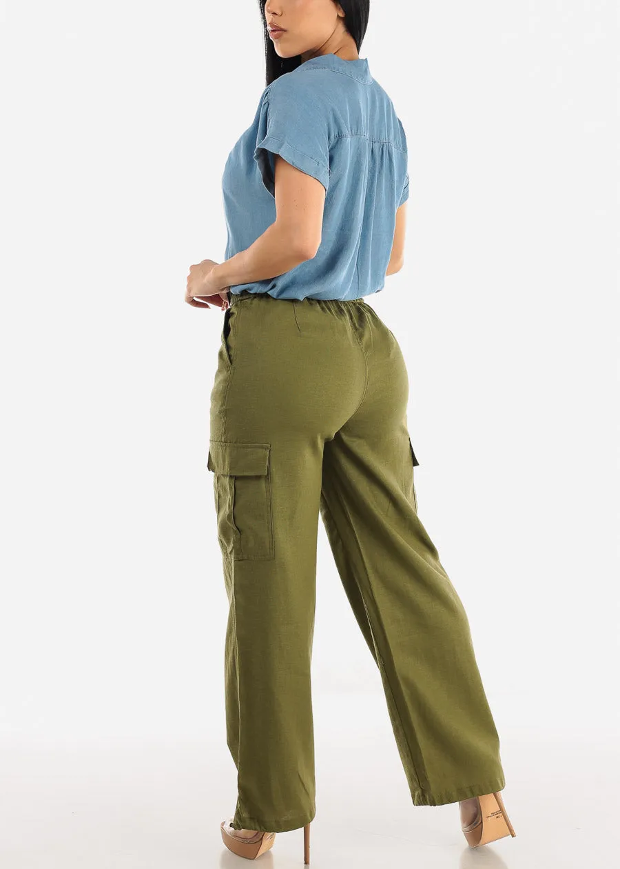 Olive Linen High Waist Cargo Pants Drawstring Hem sold by Moda product image thumbnail 5
