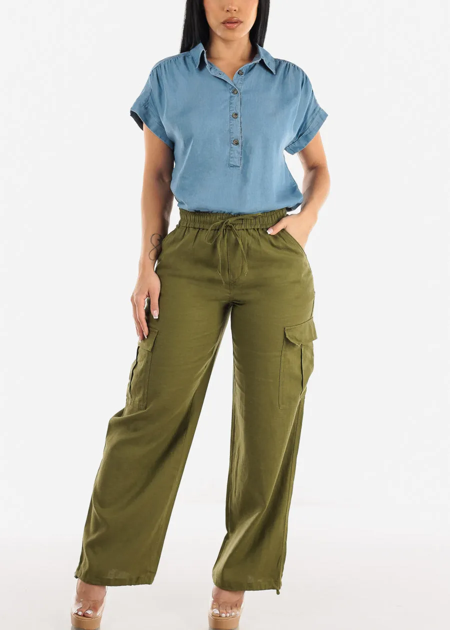 Olive Linen High Waist Cargo Pants Drawstring Hem sold by Moda product image thumbnail 2