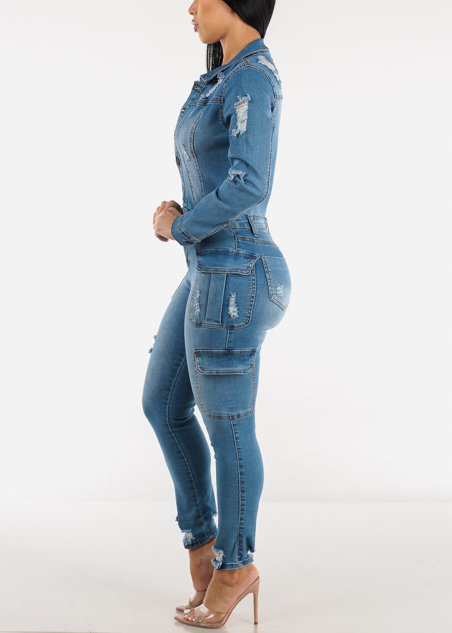 Long Sleeve Ripped Denim Skinny Cargo Jumpsuit Light Wash sold by Moda product image thumbnail 2