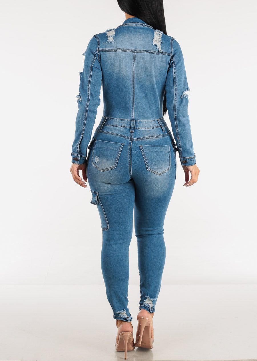 Long Sleeve Ripped Denim Skinny Cargo Jumpsuit Light Wash sold by Moda product image thumbnail 3