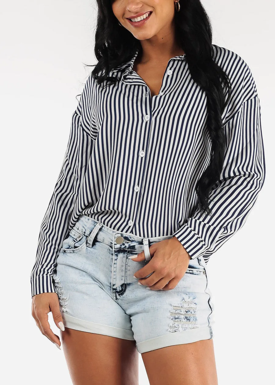 Long Sleeve Button Up Navy Stripe Tunic Top sold by Moda product image thumbnail 3