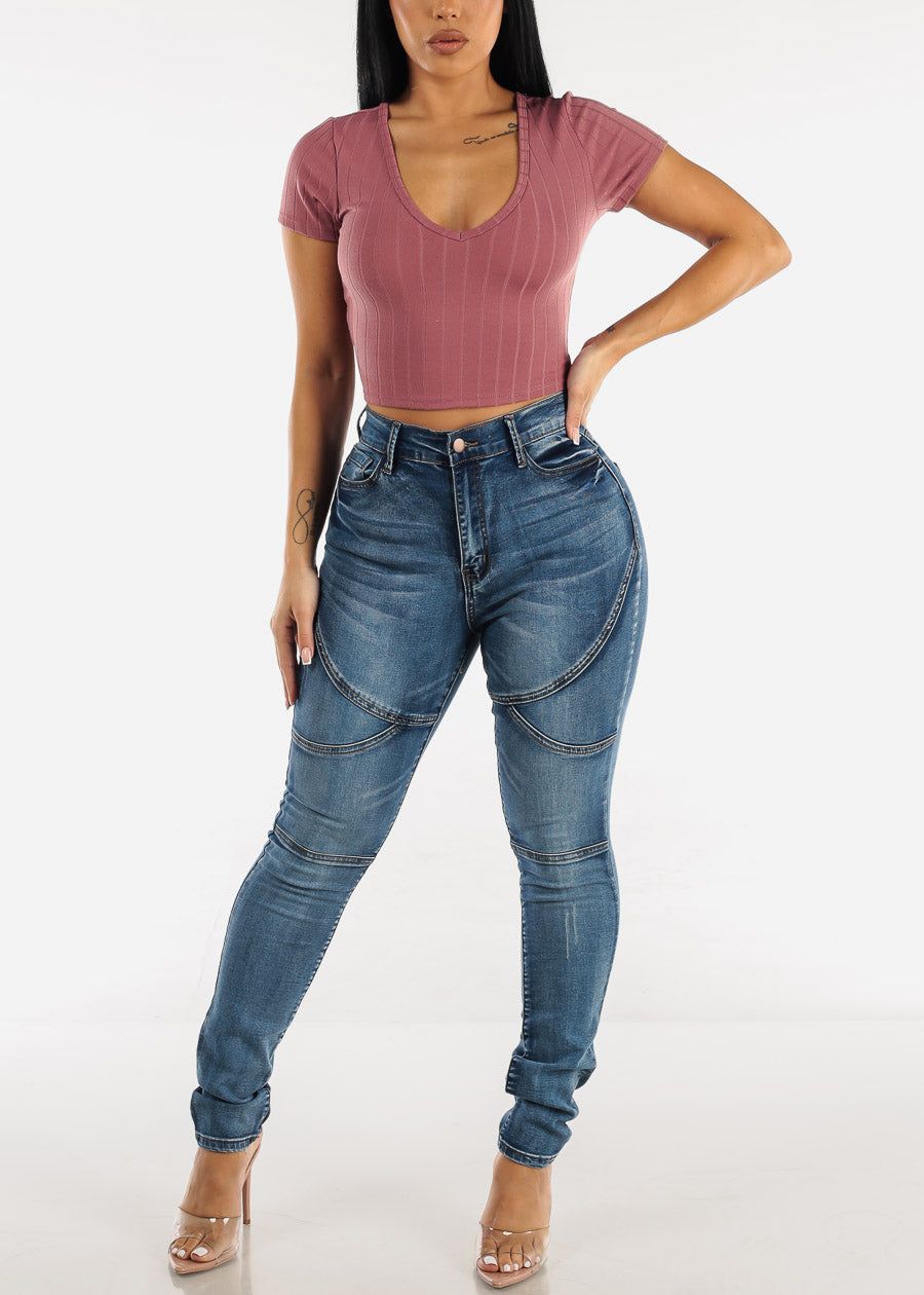 Short Sleeve Mauve Vneck Crop Top sold by Moda product image thumbnail 2