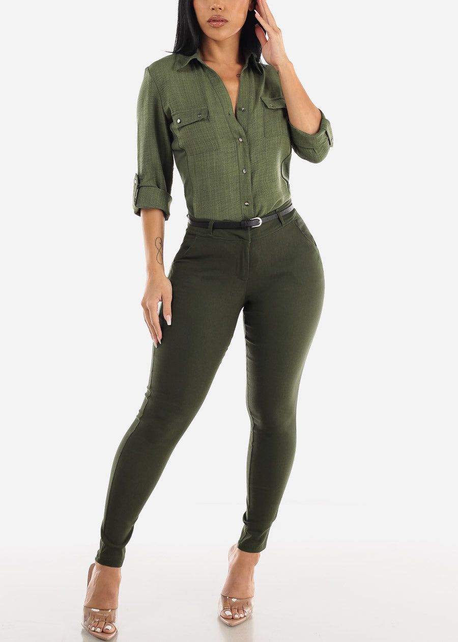 High Waisted Belted Dressy Skinny Pants Olive sold by Moda product image thumbnail 2