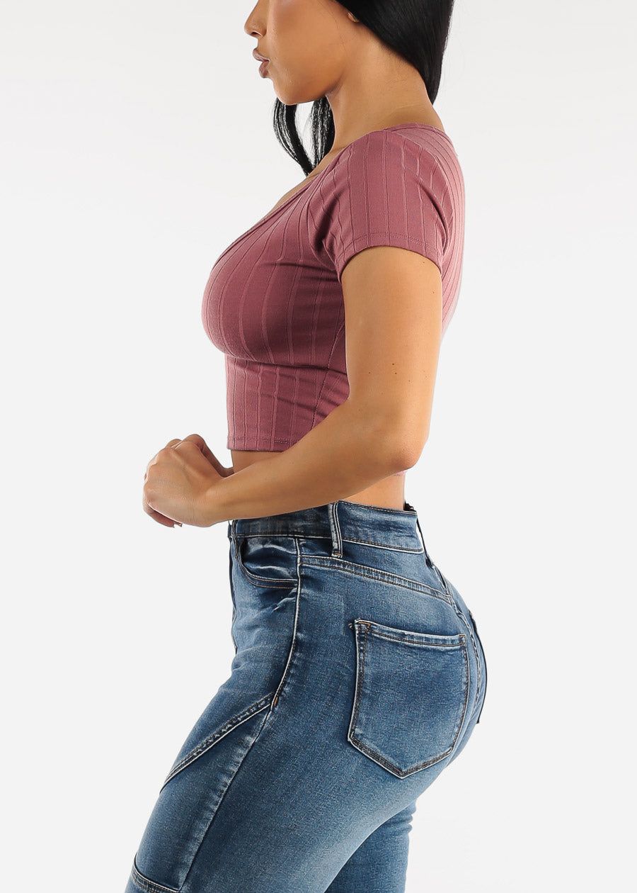 Short Sleeve Mauve Vneck Crop Top sold by Moda product image thumbnail 3