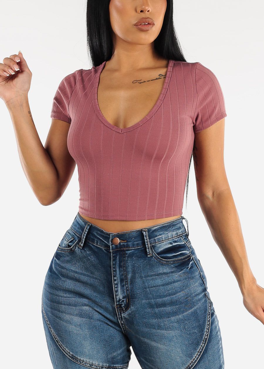Short Sleeve Mauve Vneck Crop Top sold by Moda