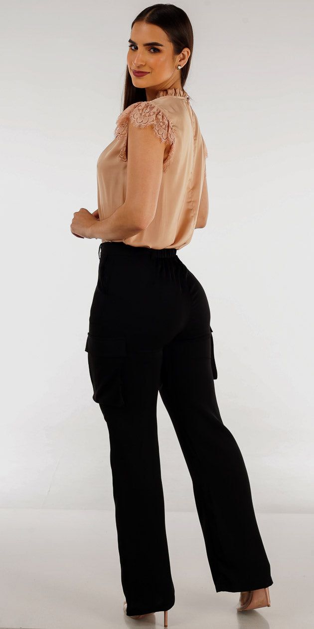 High Waisted Black Straight Cargo Pants with Short Sleeve Pleated Satin Blouse sold by Moda product image thumbnail 2