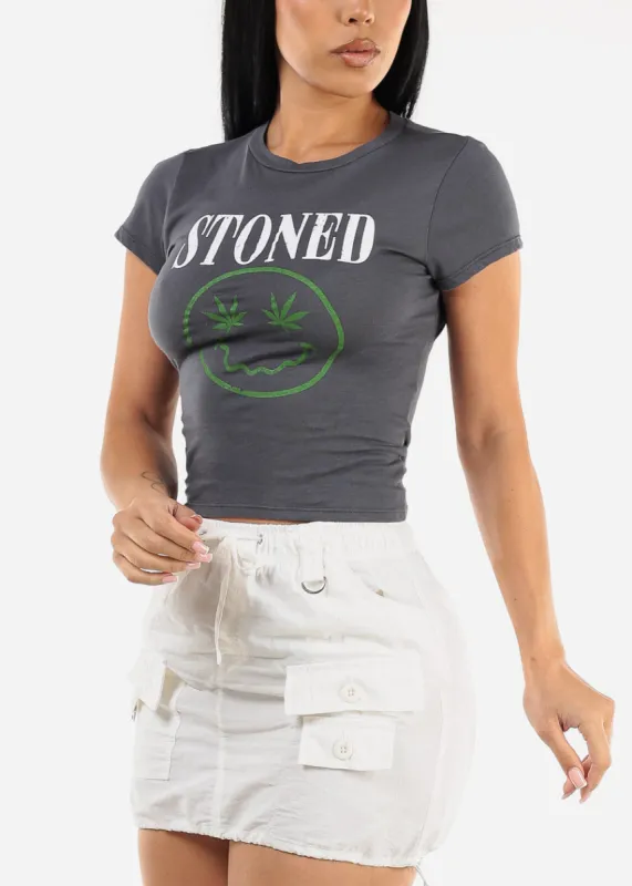 Short Sleeve Graphic Crop Top Charcoal "Stoned" sold by Moda