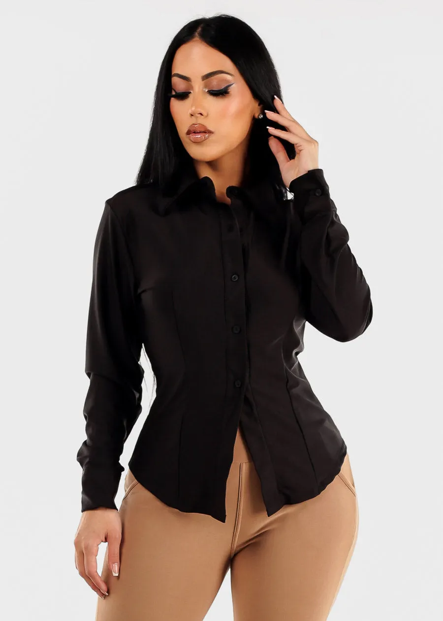 Silky Stretchy Long Sleeve Button Up Black Shirt sold by Moda