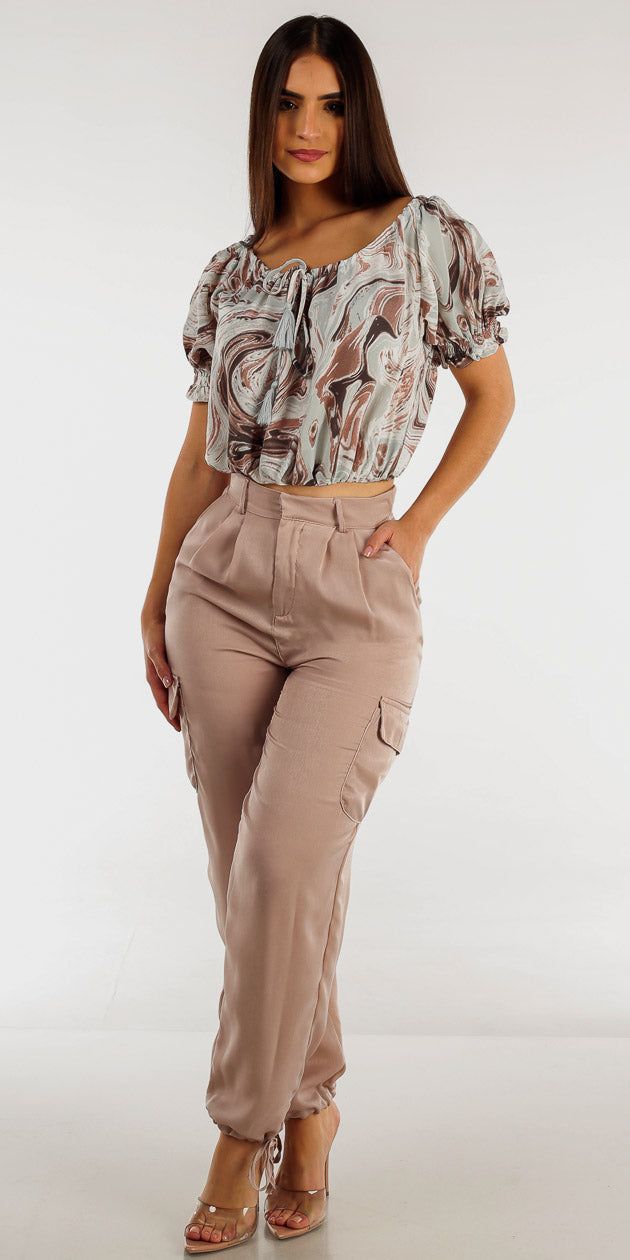 High Rise Beige Cargo Pants with Off Shoulder Marble Printed Top sold by Moda