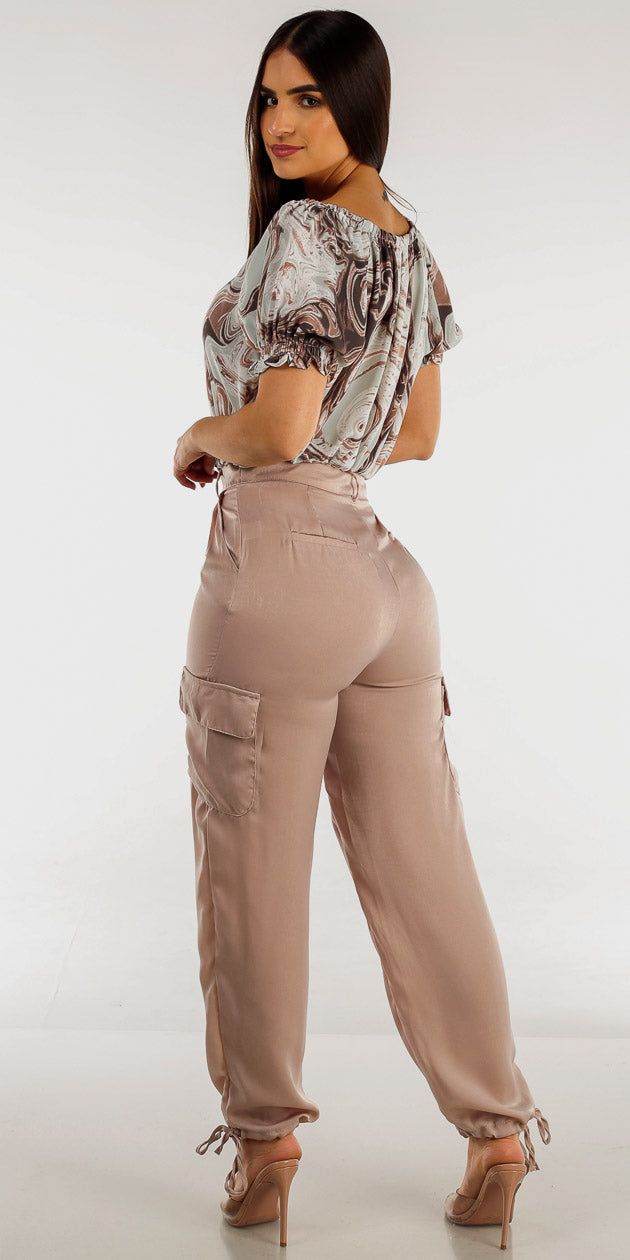 High Rise Beige Cargo Pants with Off Shoulder Marble Printed Top sold by Moda product image thumbnail 2