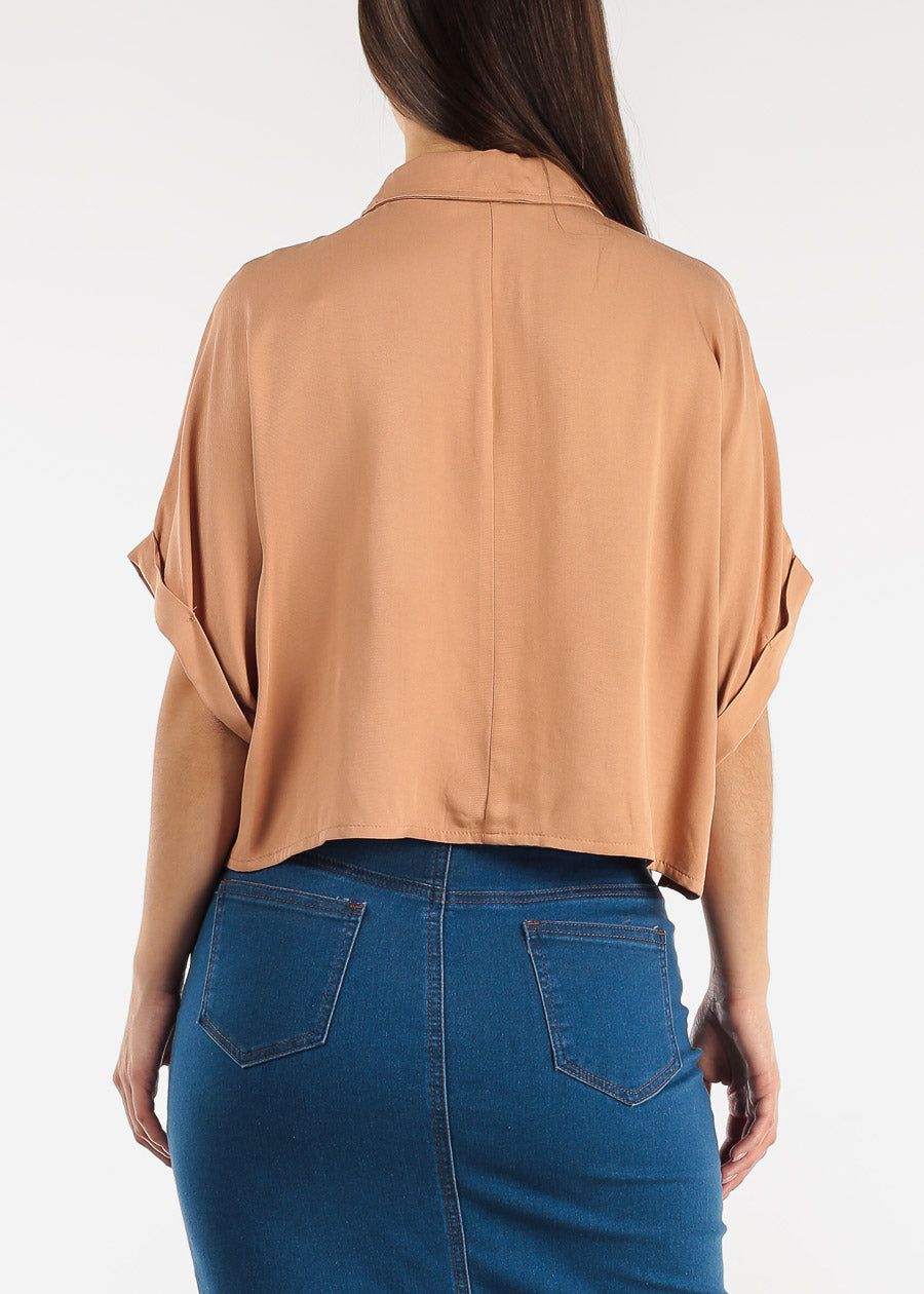 Cropped Short Sleeve Button Down Shirt Camel sold by Moda product image thumbnail 4