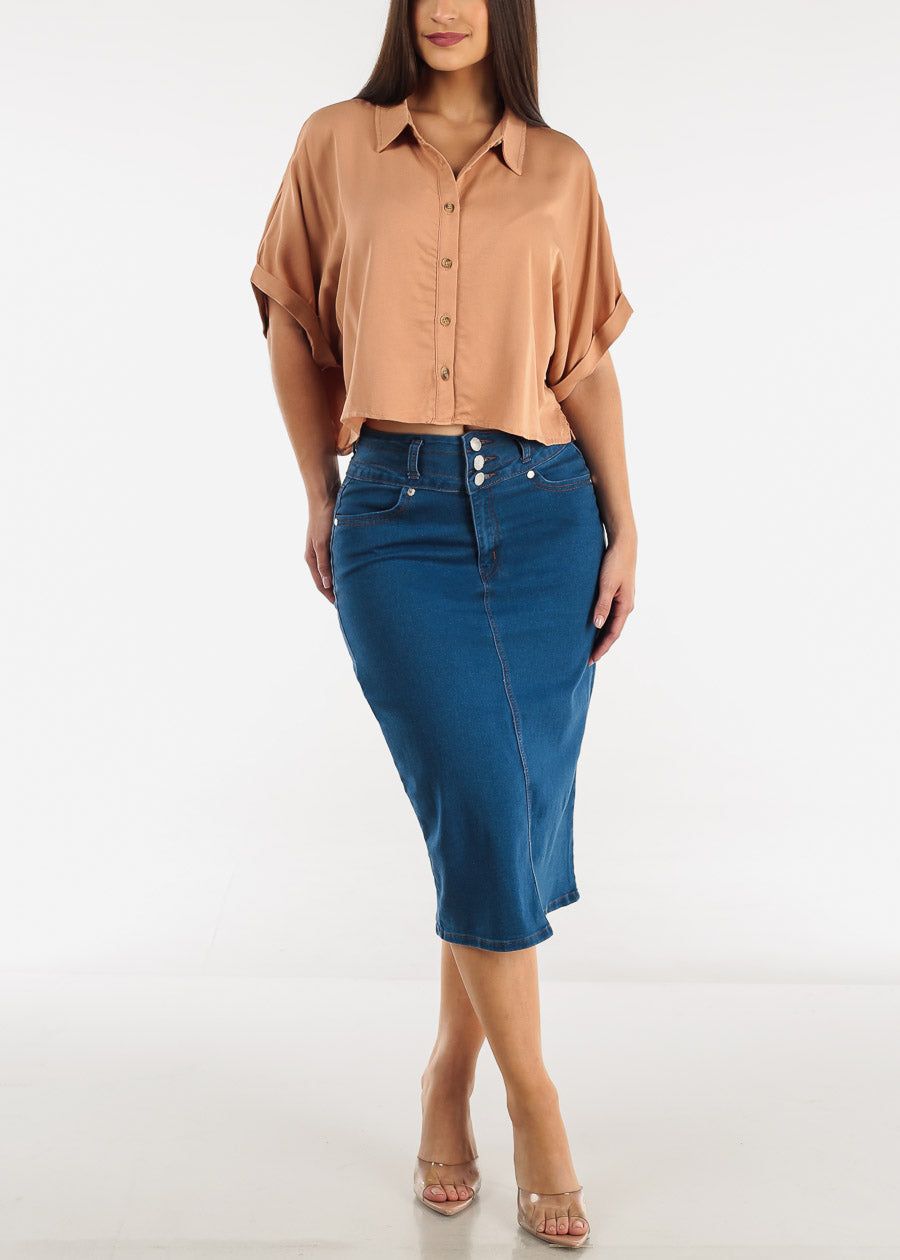 Cropped Short Sleeve Button Down Shirt Camel sold by Moda product image thumbnail 2