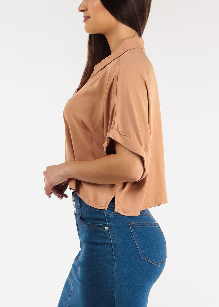 Cropped Short Sleeve Button Down Shirt Camel sold by Moda product image thumbnail 3