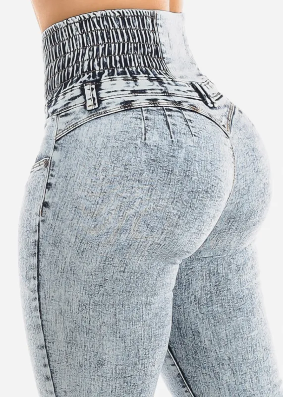 MX JEANS Acid Wash Spandex Waist Butt Lifting Skinny Jeans sold by Moda