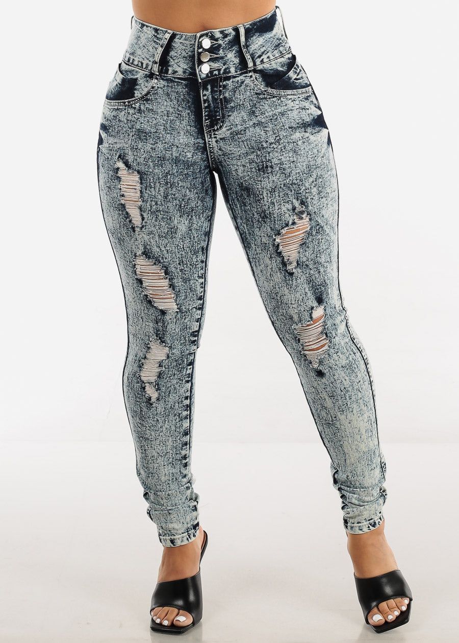 Butt Lift High Waist Distressed Acid Wash Skinny Jeans sold by Moda product image thumbnail 3