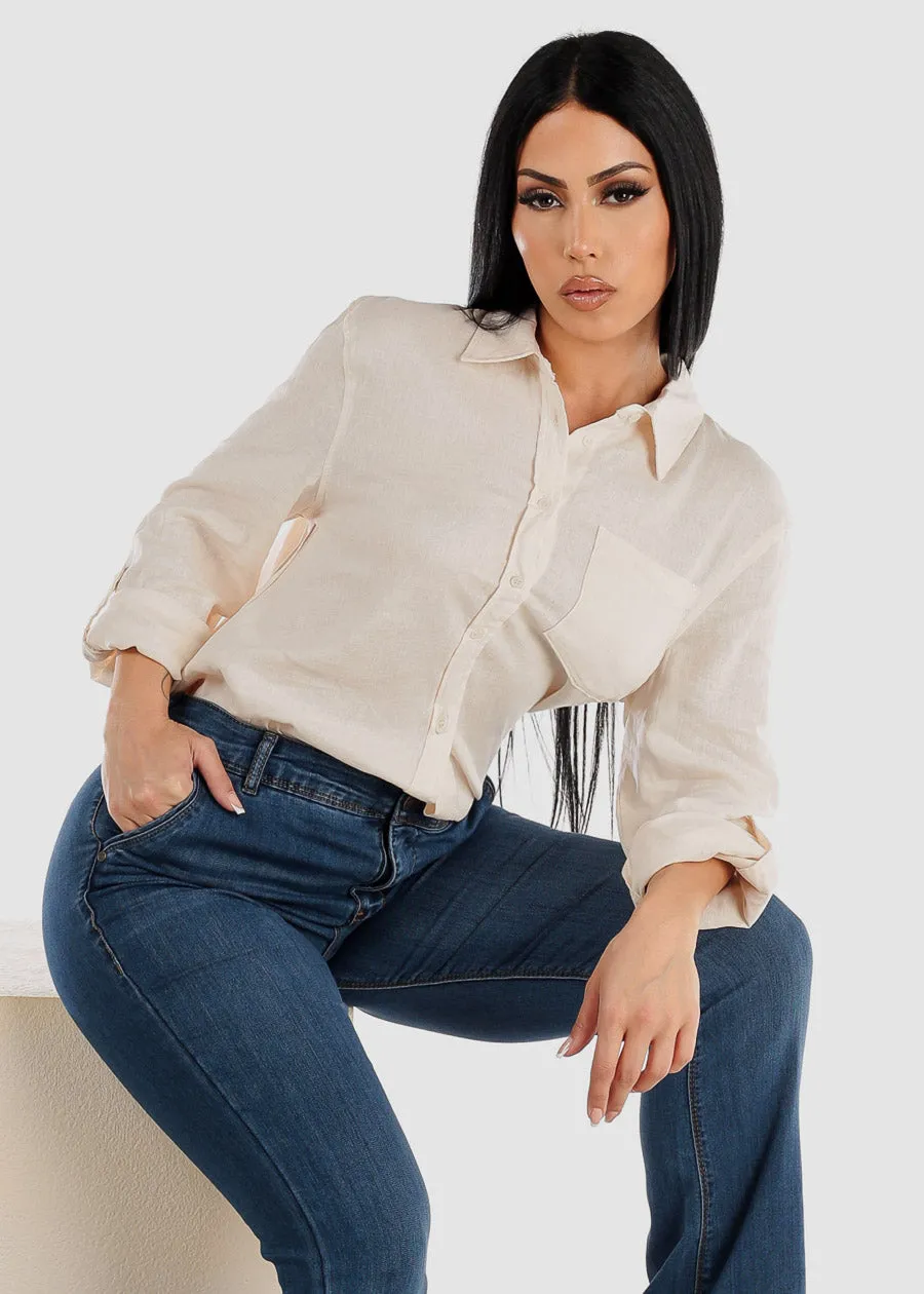Linen Long Sleeve Button Up Shirt Beige sold by Moda