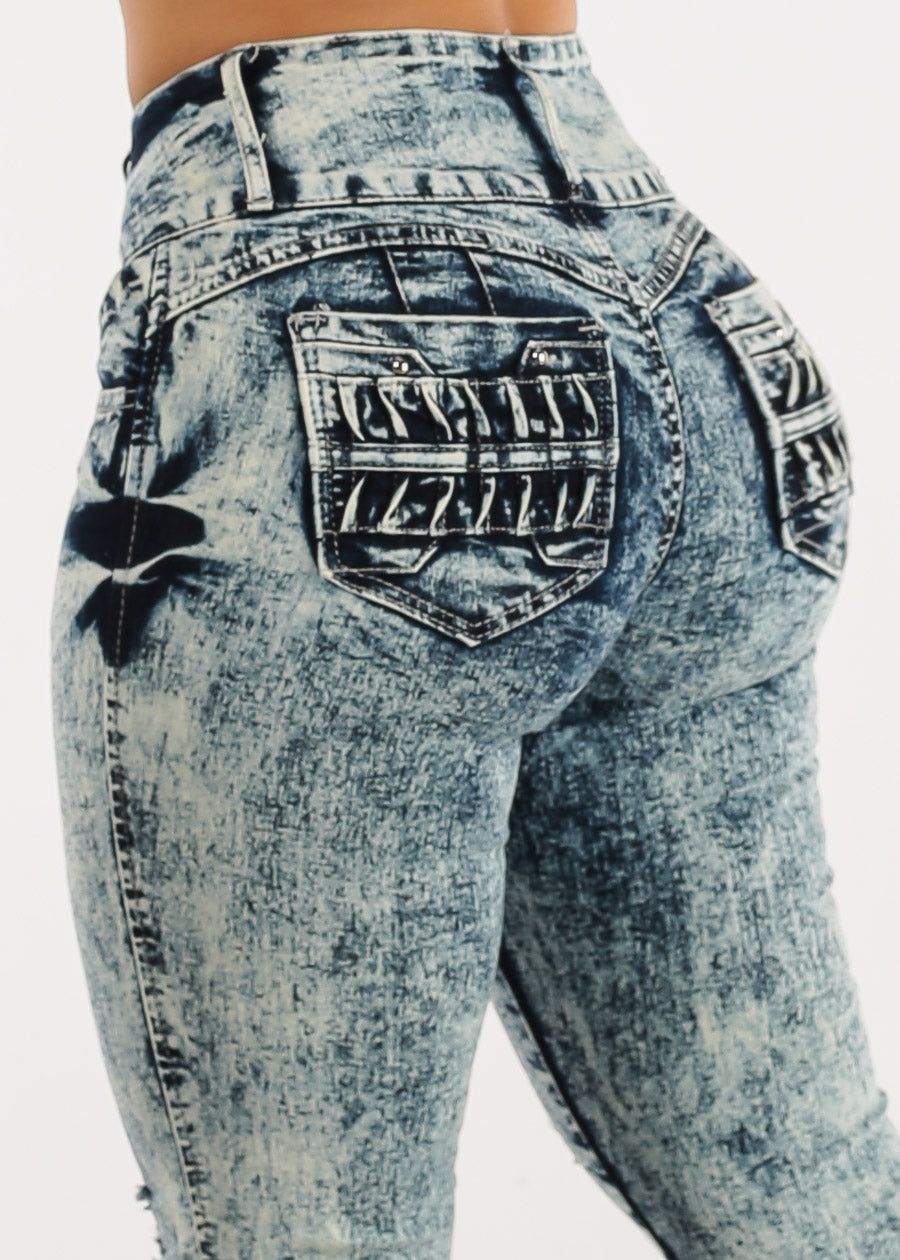 Butt Lift High Waist Distressed Acid Wash Skinny Jeans sold by Moda