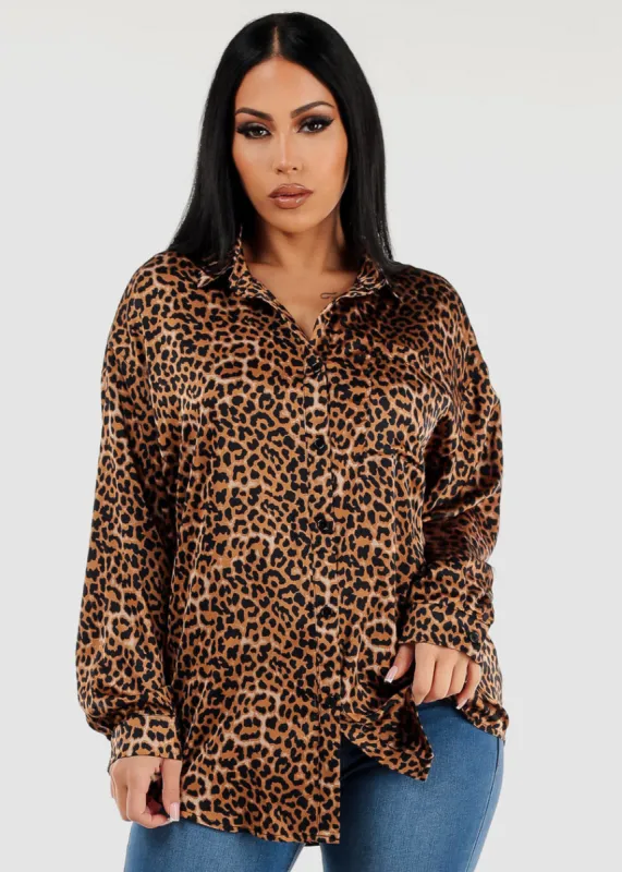 Satin Long Sleeve Animal Print Collared Blouse sold by Moda