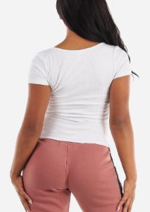 Square Neck Short Sleeve White Top w Lace Trim sold by Moda