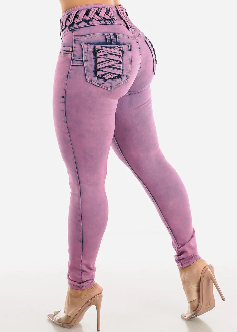 Butt Lifting Acid Wash Skinny Jeans w Lace Up Design sold by Moda product image thumbnail 5