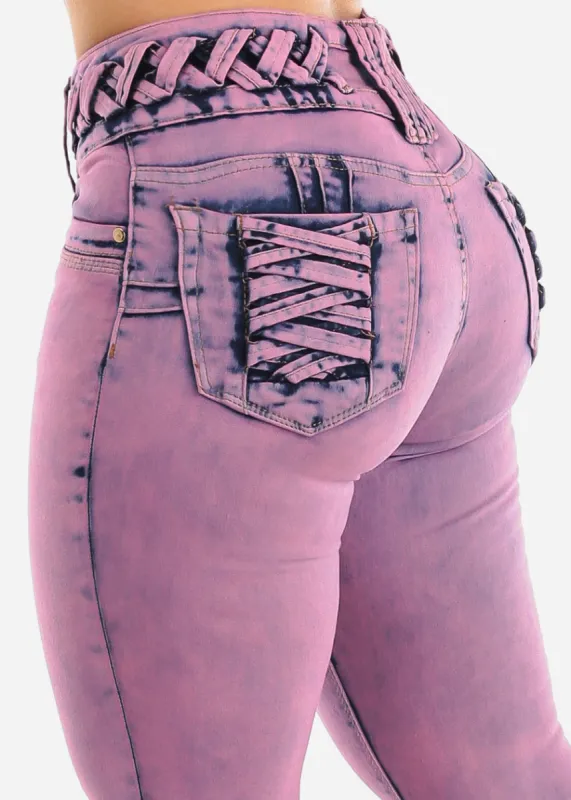 Butt Lifting Acid Wash Skinny Jeans w Lace Up Design made by Moda