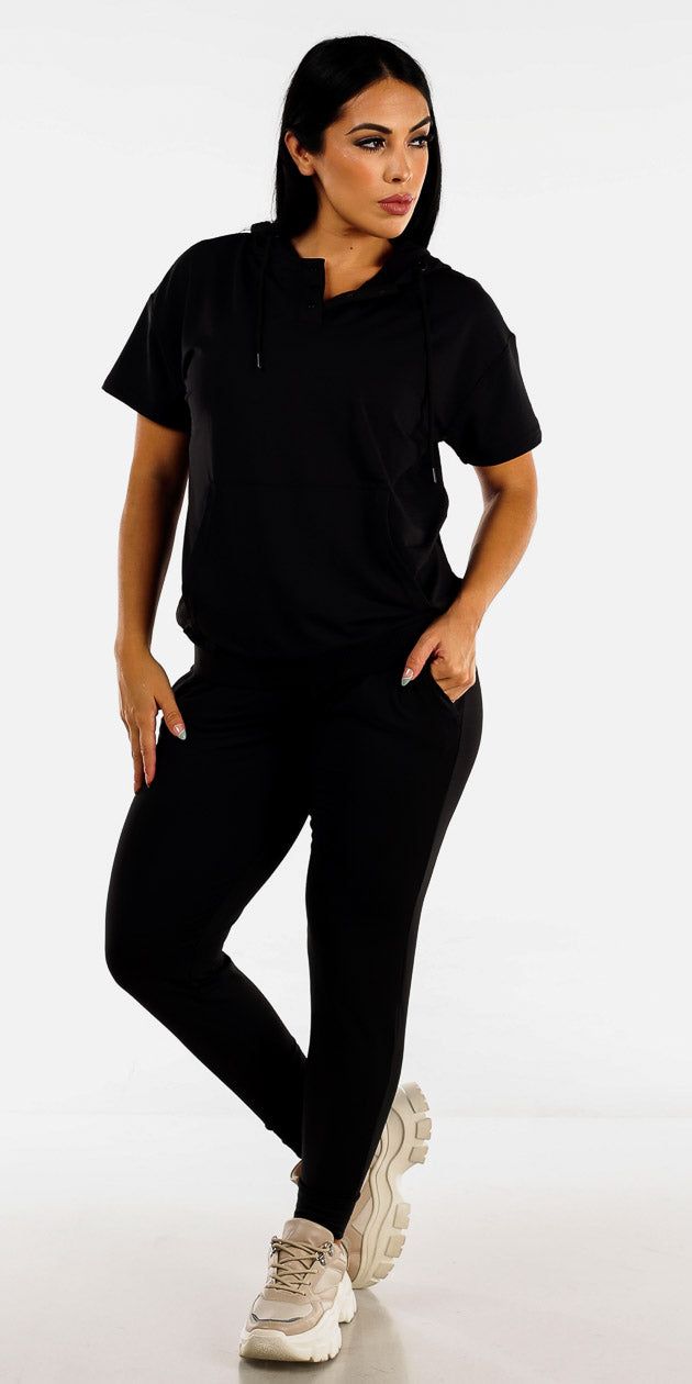 Black Active Jogger Pants Neon Cut Out Sports Bra and Black Short Sleeve Active Pullover sold by Moda