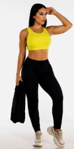 Black Active Jogger Pants Neon Cut Out Sports Bra and Black Short Sleeve Active Pullover sold by Moda
