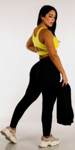 Black Active Jogger Pants Neon Cut Out Sports Bra and Black Short Sleeve Active Pullover sold by Moda