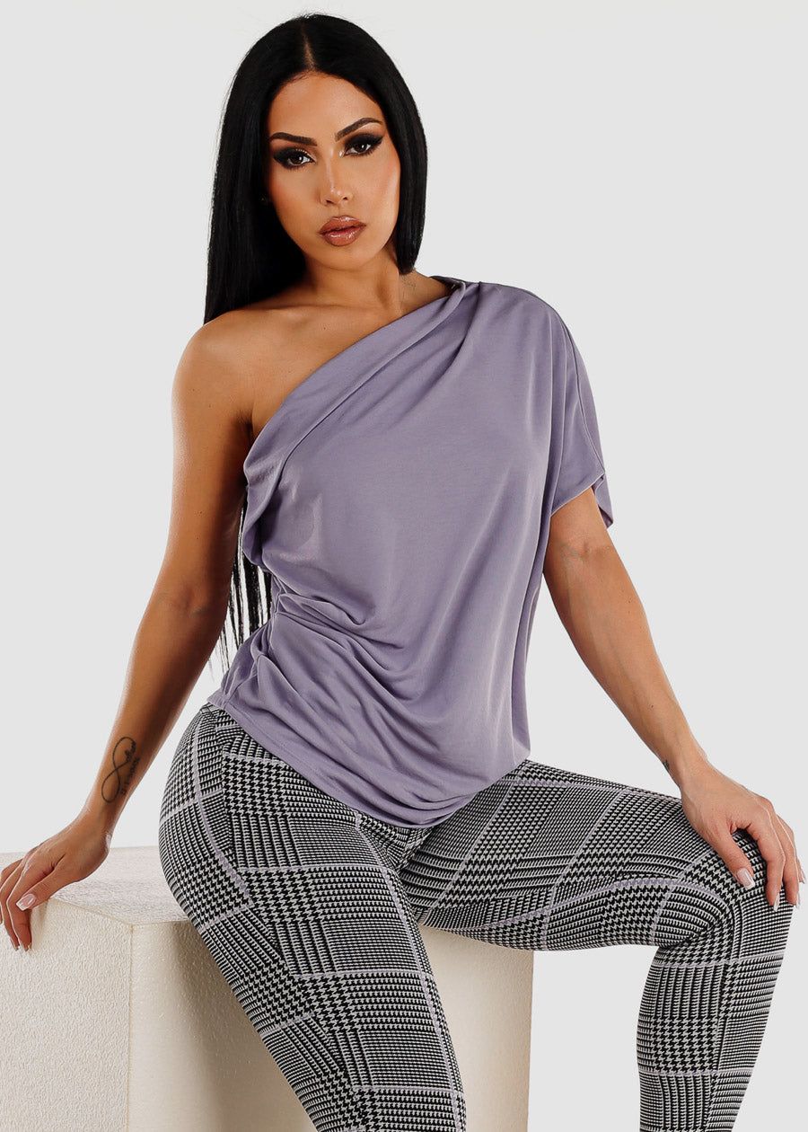 One Shoulder Pleat Detail Lavender Blouse sold by Moda