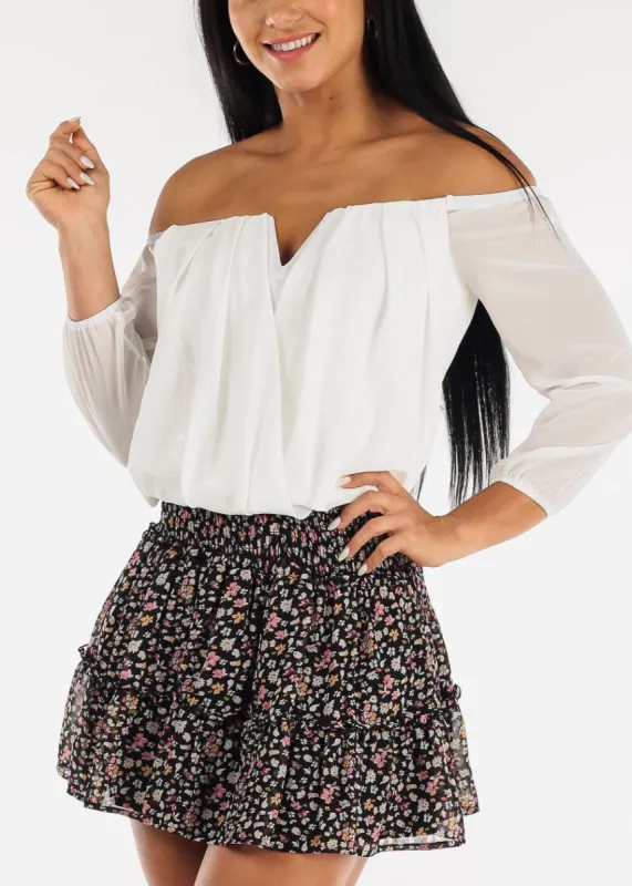 White Off Shoulder Mesh Surplice Blouse sold by Moda