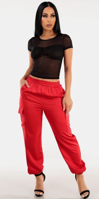 Mesh Satin Cargo Joggers Set sold by Moda
