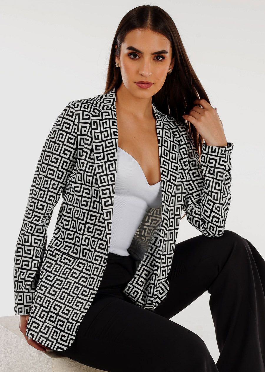 Formal Open Front Long Sleeve Printed Blazer Black & White sold by Moda