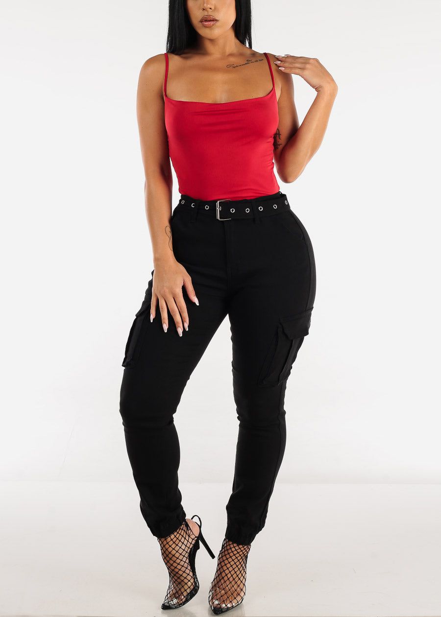 Black Hyper Stretch High Rise Cargo Jogger Pants w Belt sold by Moda product image thumbnail 2