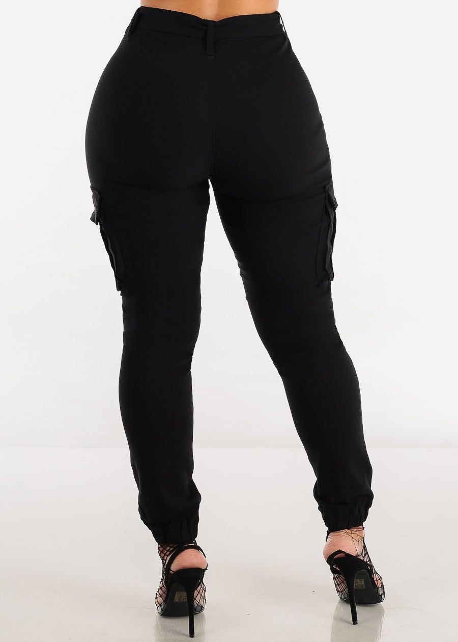 Black Hyper Stretch High Rise Cargo Jogger Pants w Belt sold by Moda product image thumbnail 4