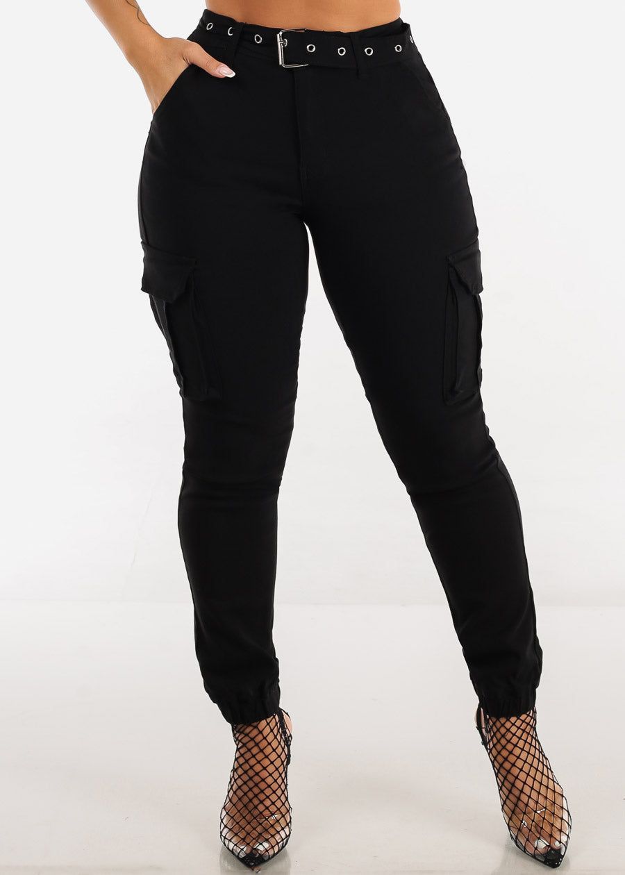 Black Hyper Stretch High Rise Cargo Jogger Pants w Belt sold by Moda