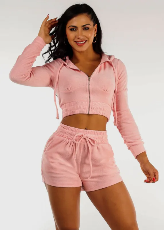 Terry Zip Up Cropped Hoodie & Shorts Neon Pink (2 PCE SET) made by Moda