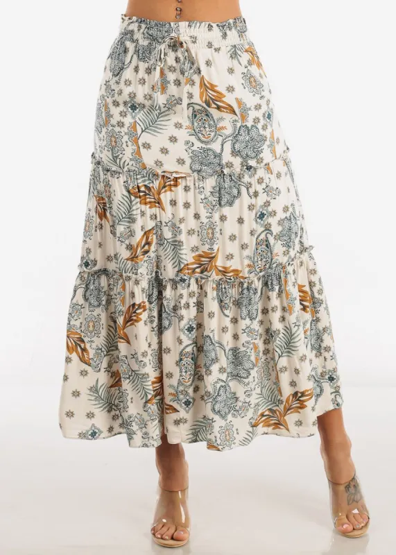 Floral Smocked Waist Tiered Maxi Skirt Ivory sold by Moda