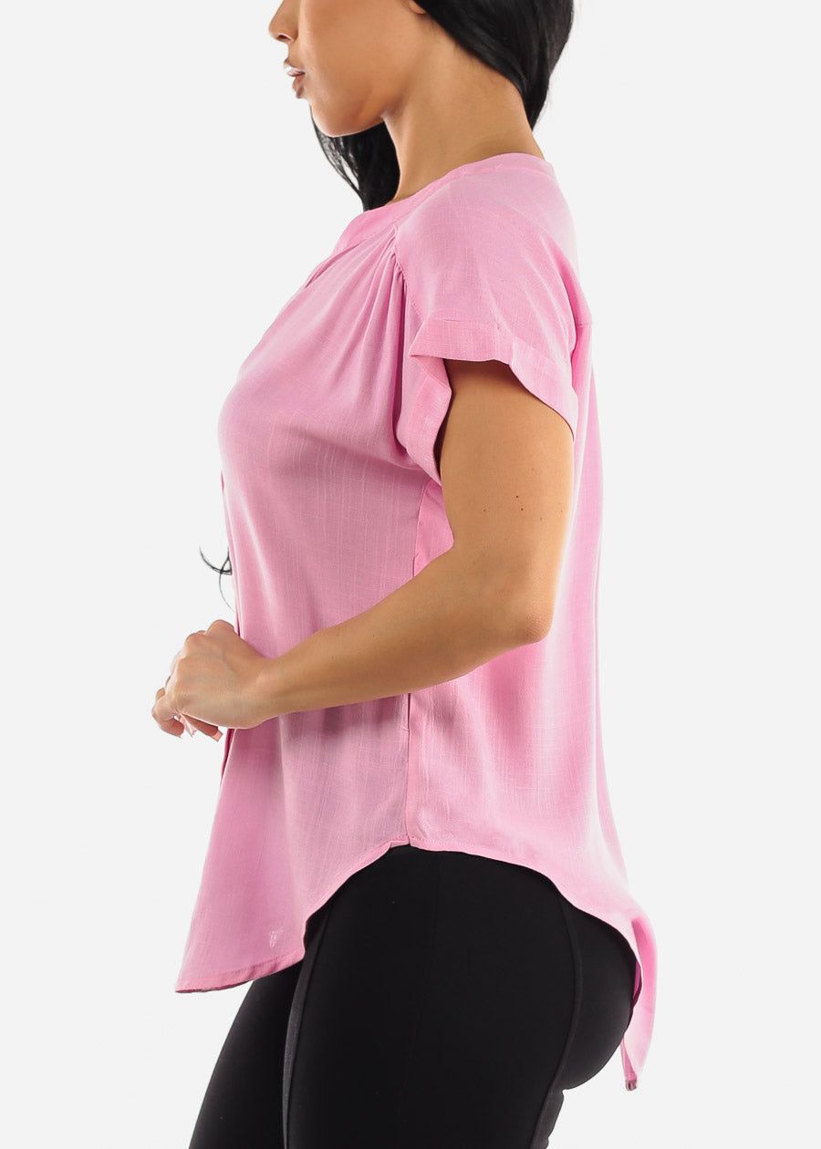 Short Sleeve Round Hem Button Up Woven Blouse Pink sold by Moda product image thumbnail 3
