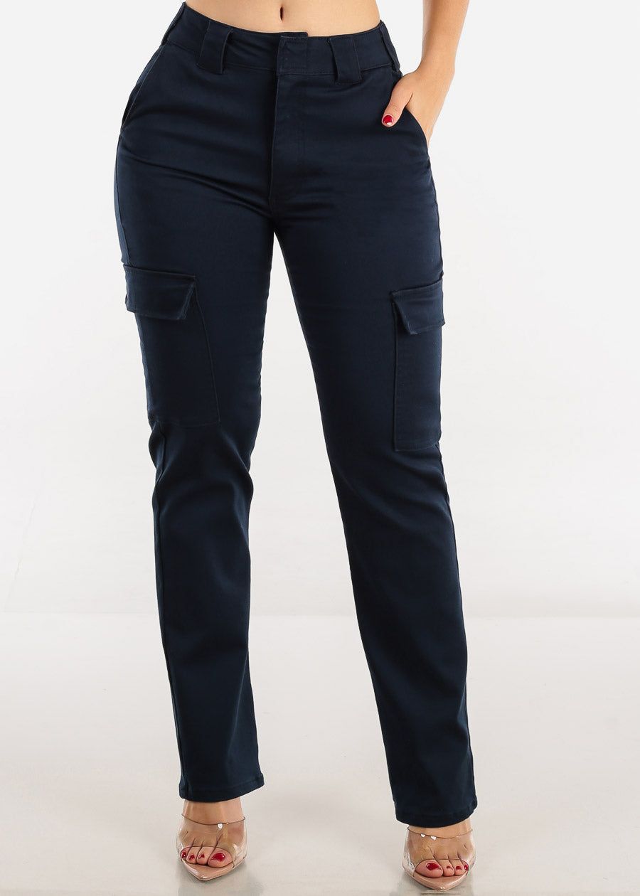 Navy High Waisted Straight Cargo Pants sold by Moda