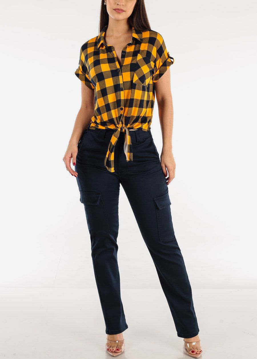 Navy High Waisted Straight Cargo Pants sold by Moda product image thumbnail 2