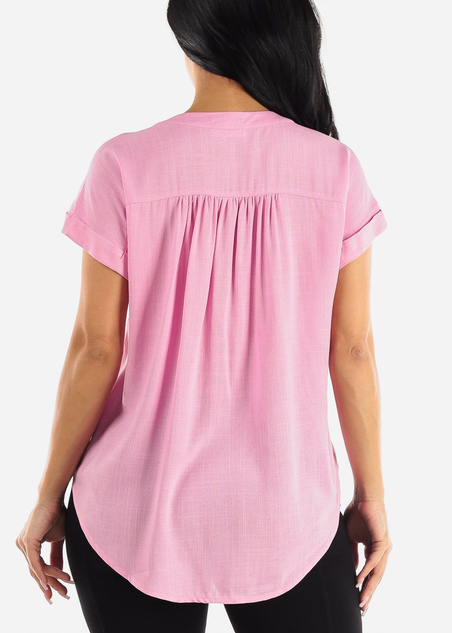 Short Sleeve Round Hem Button Up Woven Blouse Pink sold by Moda product image thumbnail 4